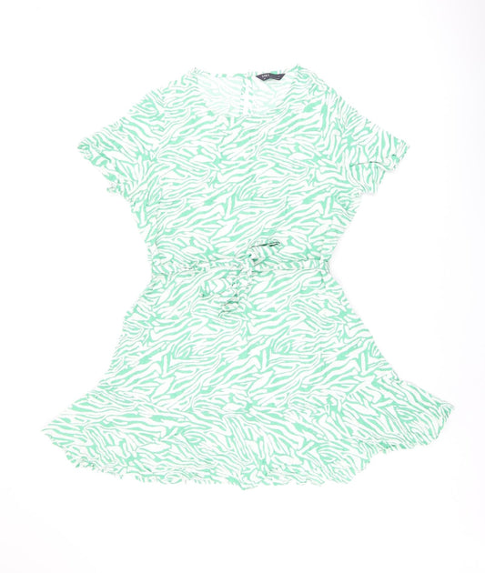 Marks and Spencer Womens Green Animal Print Viscose Skater Dress Size 12 Round Neck Button - Zebra Print, Belted