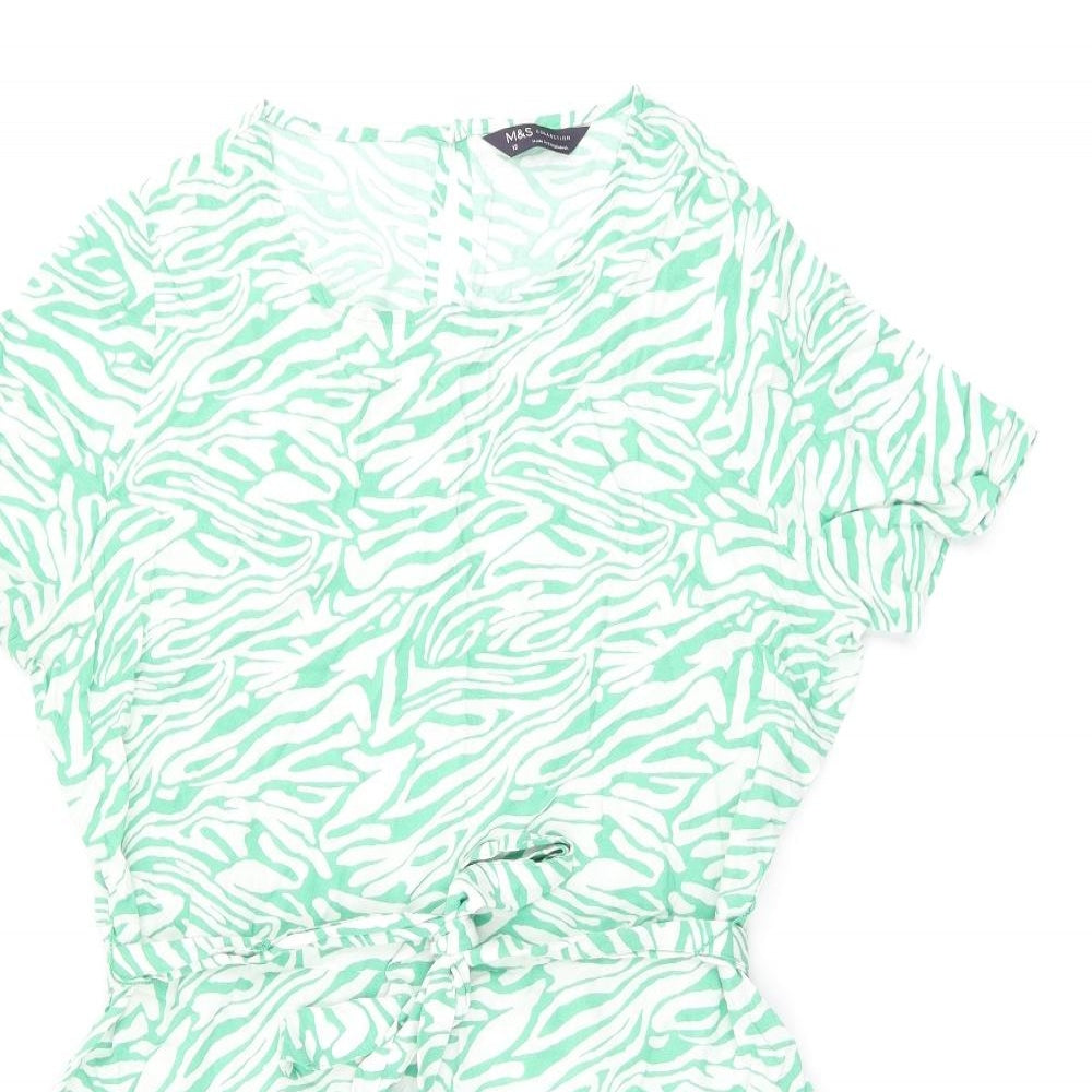 Marks and Spencer Womens Green Animal Print Viscose Skater Dress Size 12 Round Neck Button - Zebra Print, Belted