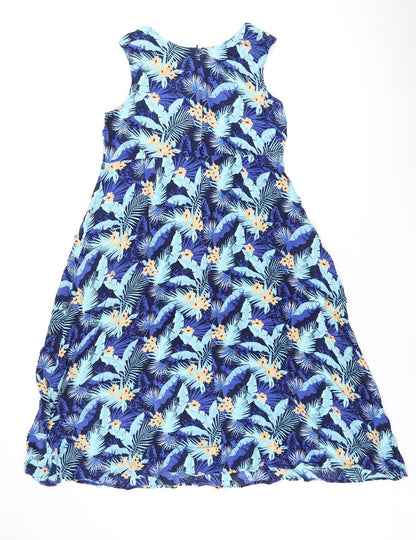 Studio Womens Blue Floral Viscose A-Line Size 12 Boat Neck Zip