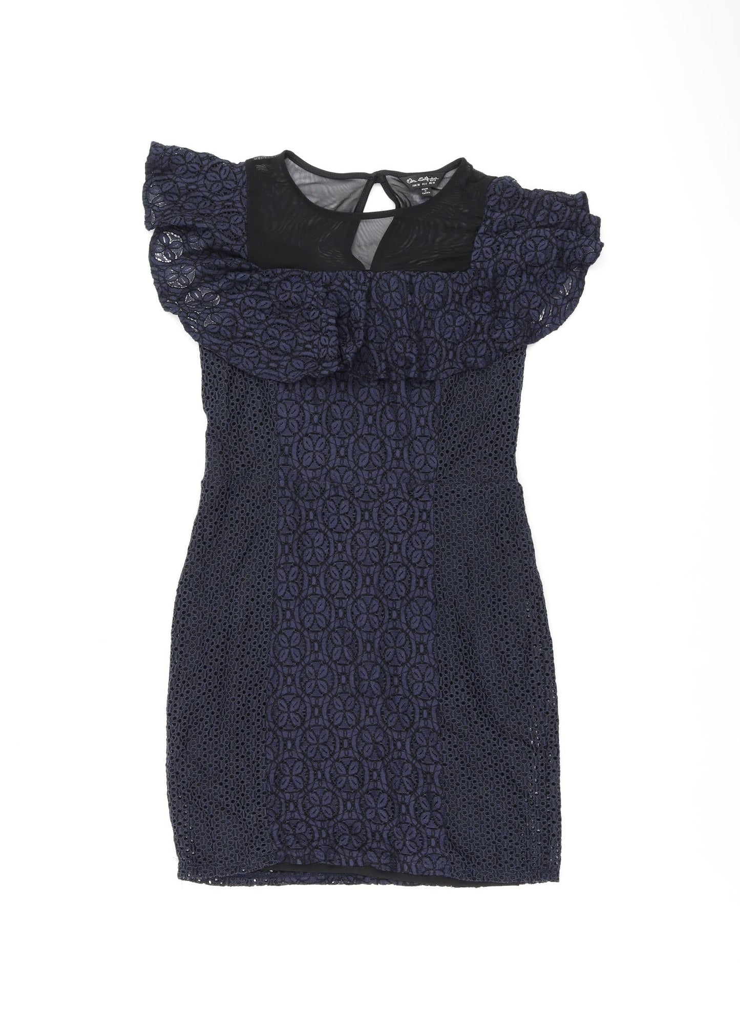 Miss Selfridge Womens Blue Floral Cotton Bodycon Size 10 Round Neck Zip - Frill Detail Broderie Anglaise