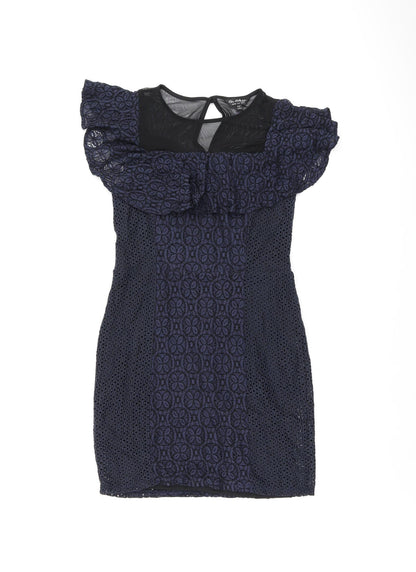 Miss Selfridge Womens Blue Floral Cotton Bodycon Size 10 Round Neck Zip - Frill Detail Broderie Anglaise