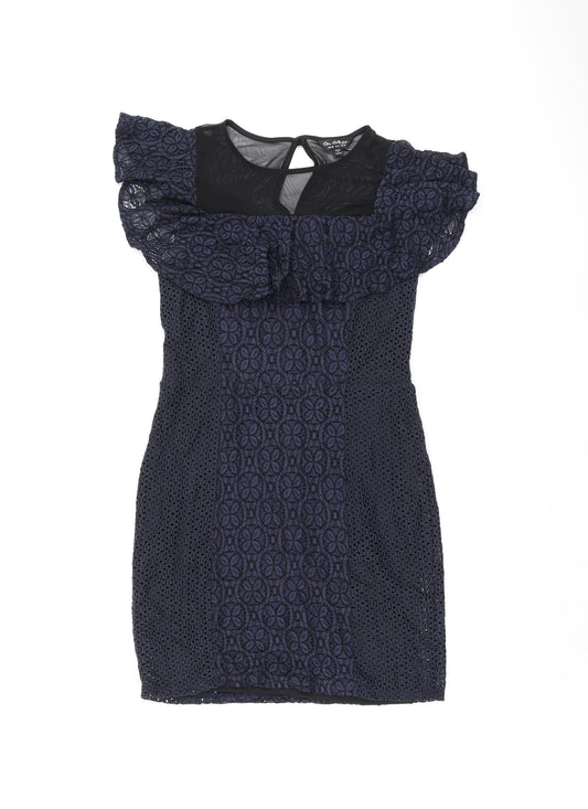 Miss Selfridge Womens Blue Floral Cotton Bodycon Size 10 Round Neck Zip - Frill Detail Broderie Anglaise
