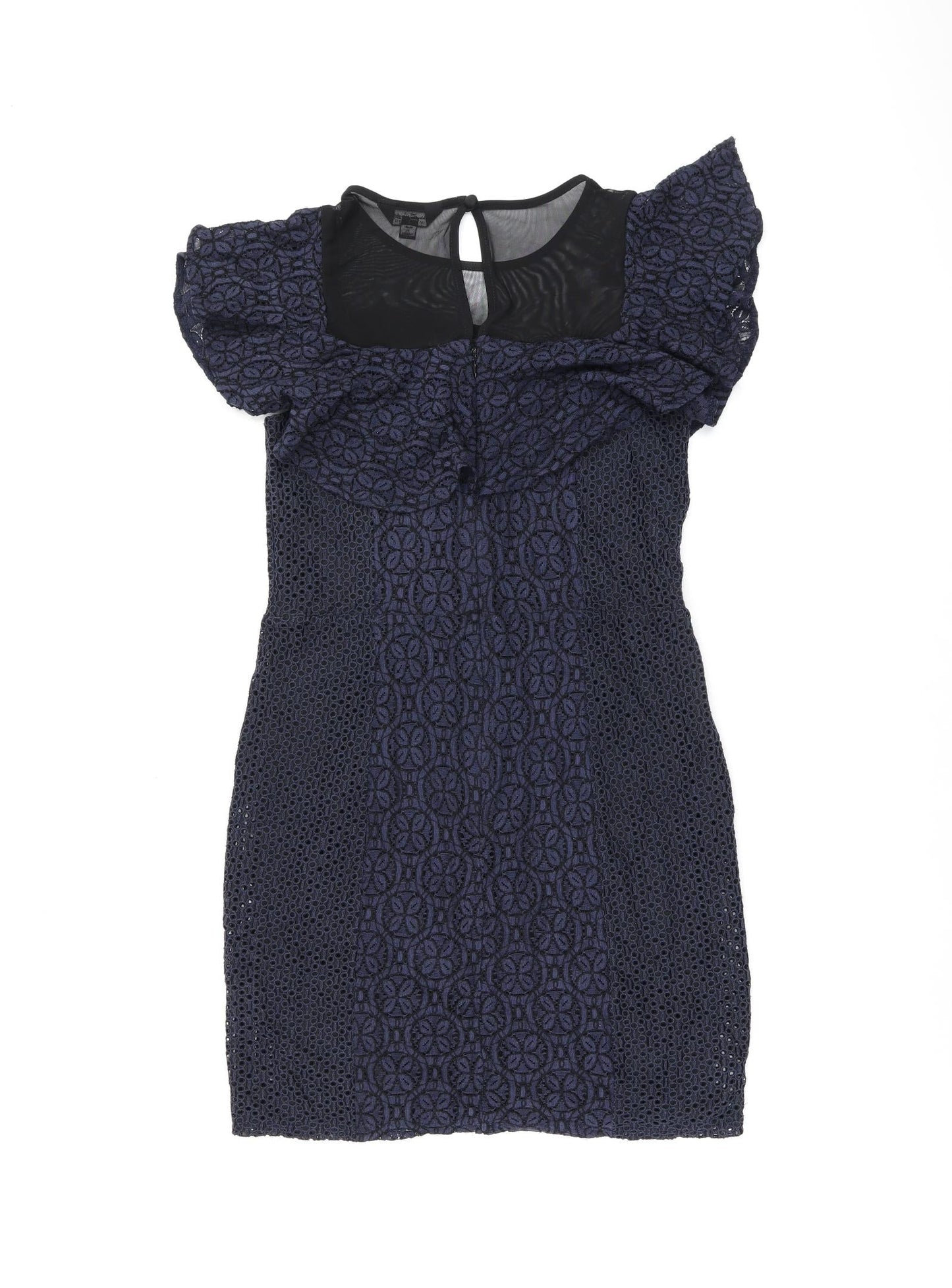 Miss Selfridge Womens Blue Floral Cotton Bodycon Size 10 Round Neck Zip - Frill Detail Broderie Anglaise