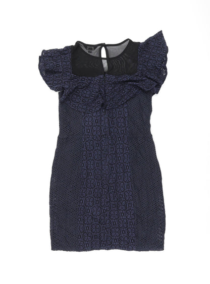 Miss Selfridge Womens Blue Floral Cotton Bodycon Size 10 Round Neck Zip - Frill Detail Broderie Anglaise