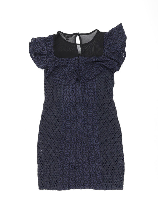 Miss Selfridge Womens Blue Floral Cotton Bodycon Size 10 Round Neck Zip - Frill Detail Broderie Anglaise