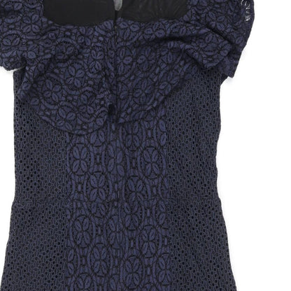 Miss Selfridge Womens Blue Floral Cotton Bodycon Size 10 Round Neck Zip - Frill Detail Broderie Anglaise