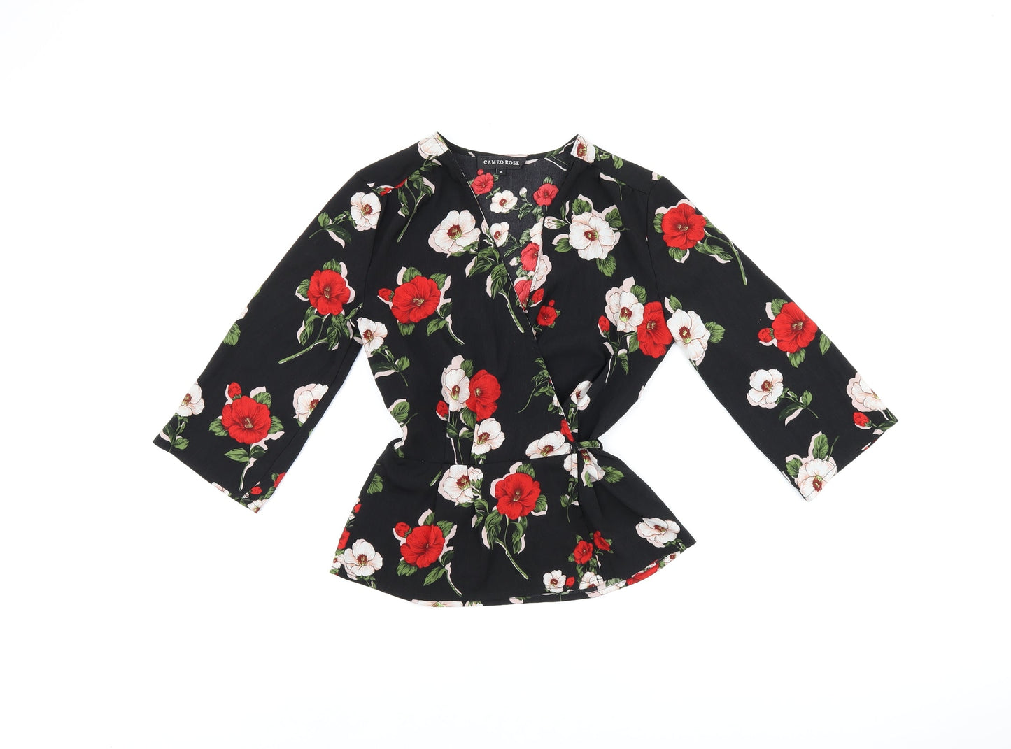 Cameo Rose Womens Black Floral Polyester Wrap Blouse Size 8 V-Neck