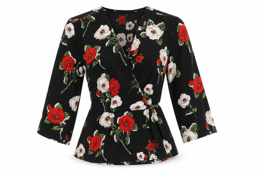 Womens UK Size 8 Cameo Rose Black Wrap Blouse