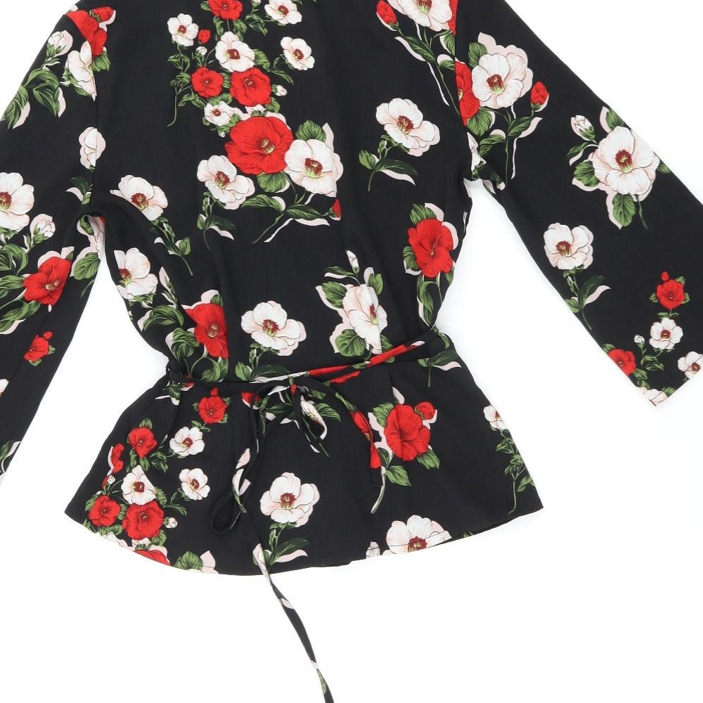 Cameo Rose Womens Black Floral Polyester Wrap Blouse Size 8 V-Neck