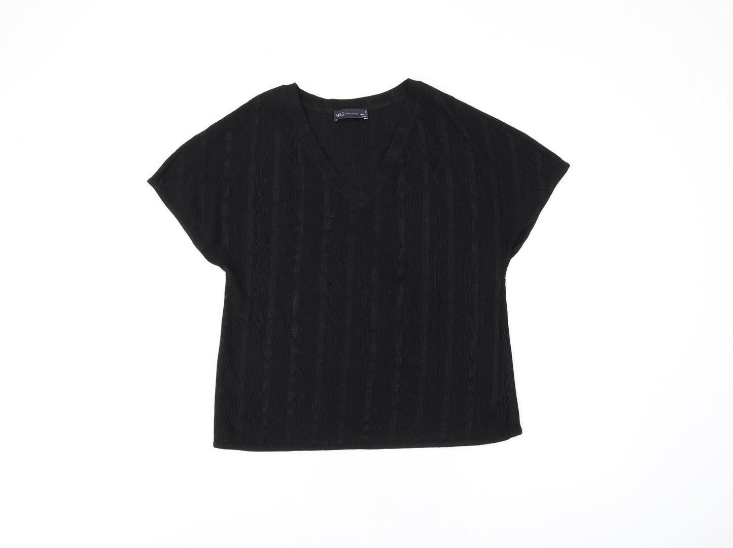 Marks and Spencer Womens Black Polyester Basic T-Shirt Size 8 V-Neck