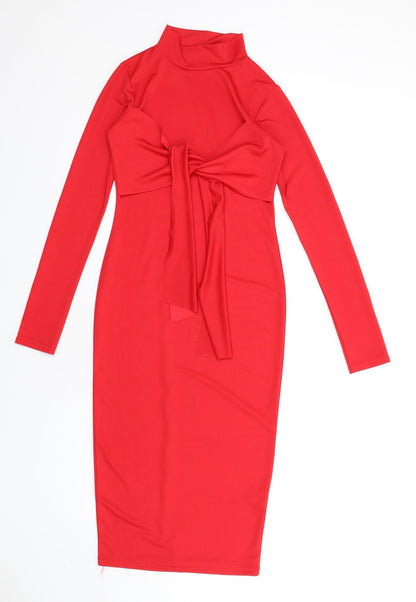 PRETTYLITTLETHING Womens Red Polyester Bodycon Size 8 Mock Neck Pullover