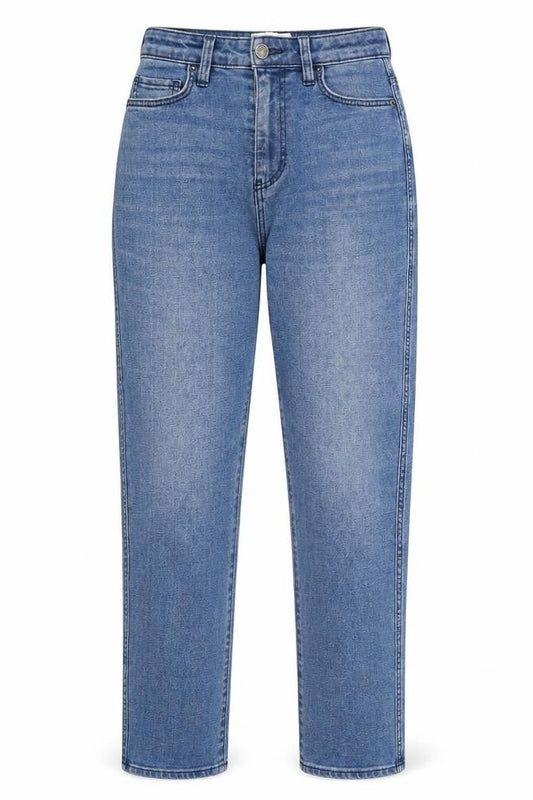 Front view of Lee Cooper women’s blue cotton mom jeans, size UK 30, in, 31-inch leg regular zip