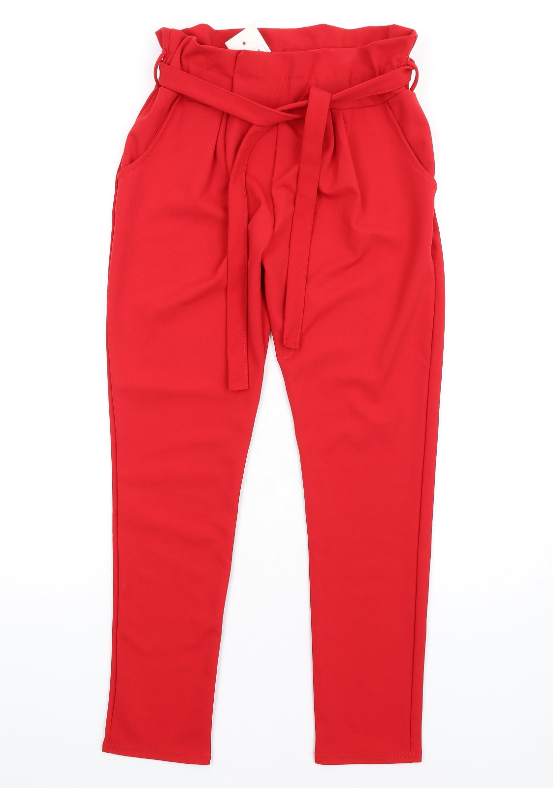 Prague Womens Red Polyester Trousers Size 8 L29 in Regular - Papperbag Waist