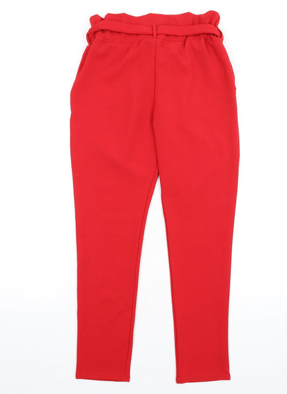 Prague Womens Red Polyester Trousers Size 8 L29 in Regular - Papperbag Waist
