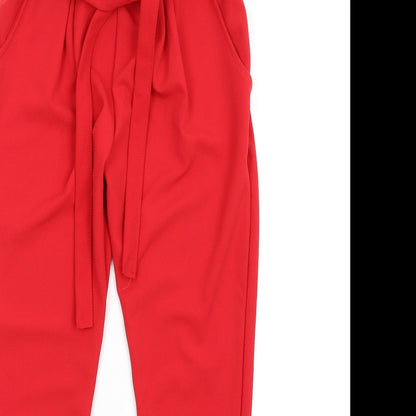 Prague Womens Red Polyester Trousers Size 8 L29 in Regular - Papperbag Waist