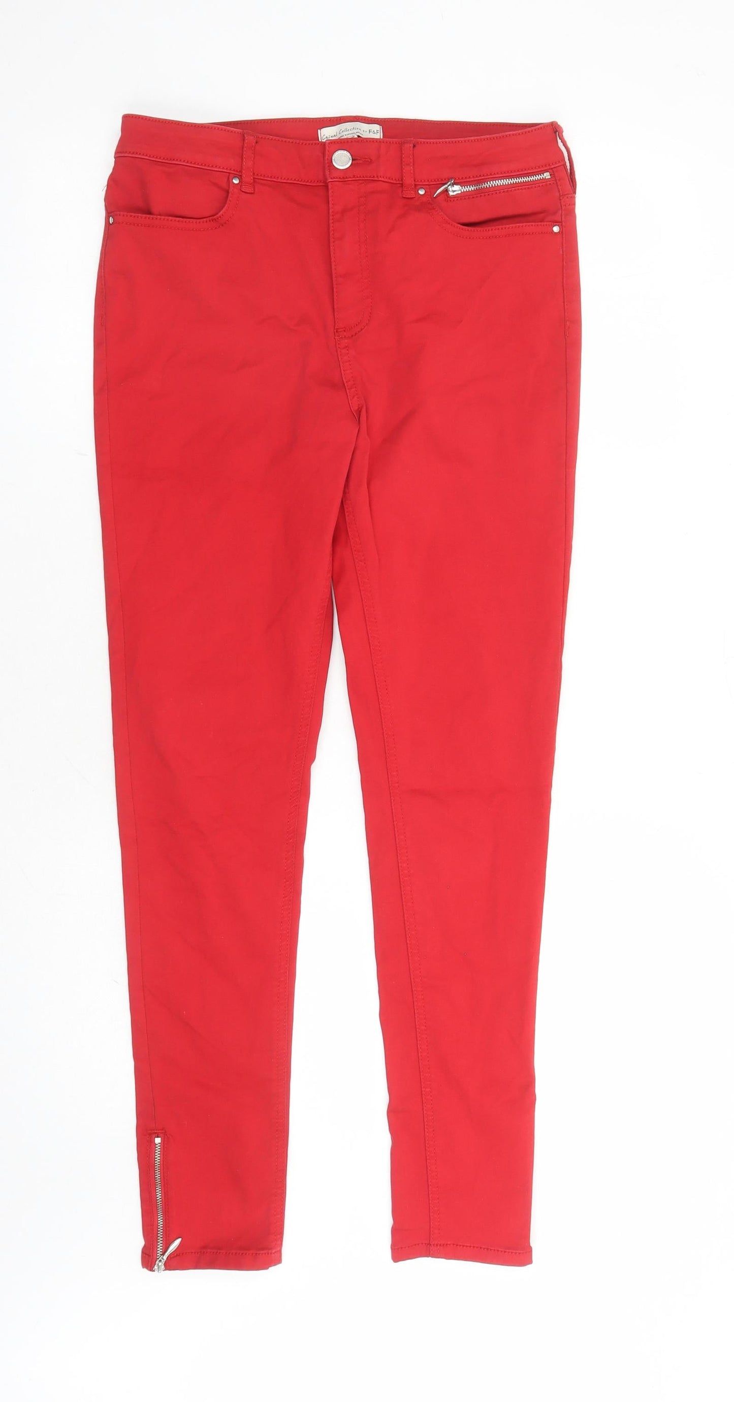 F&F Womens Red Cotton Skinny Jeans Size 10 L38 in Regular Zip - Zip Detail On Ankle