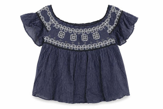 American Eagle Outfitters Womens Blue Striped Cotton Cropped Blouse Size XS Off the Shoulder - Embroidered