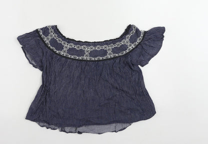 American Eagle Outfitters Womens Blue Striped Cotton Cropped Blouse Size XS Off the Shoulder - Embroidered