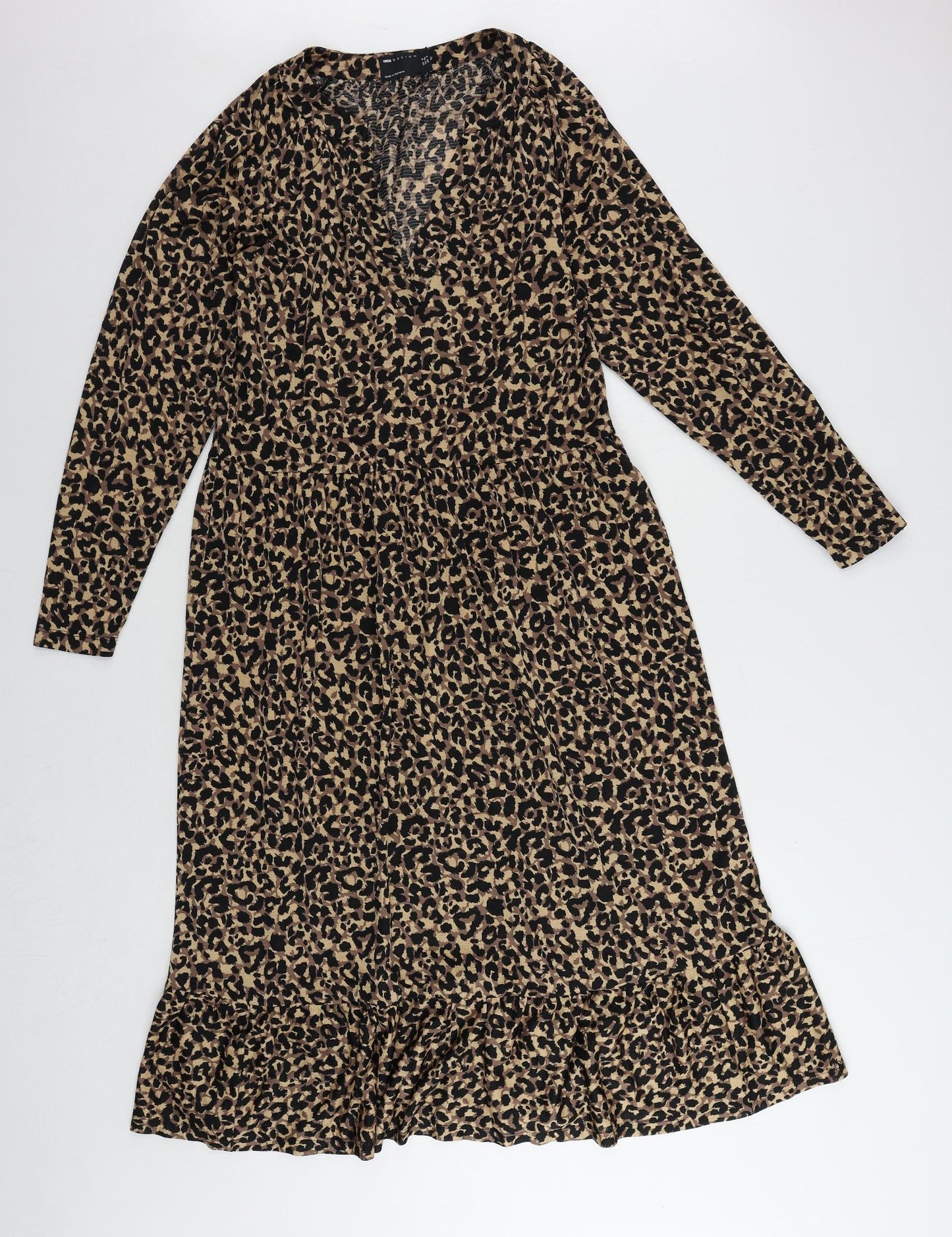 ASOS Womens Brown Animal Print Polyester A-Line Size 8 V-Neck Pullover - Ruffle