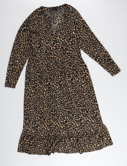ASOS Womens Brown Animal Print Polyester A-Line Size 8 V-Neck Pullover - Ruffle