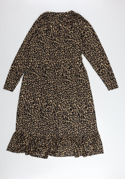 ASOS Womens Brown Animal Print Polyester A-Line Size 8 V-Neck Pullover - Ruffle