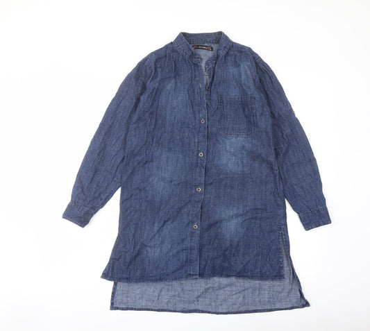 Bershka Womens Blue Cotton Basic Blouse Size S Crew Neck