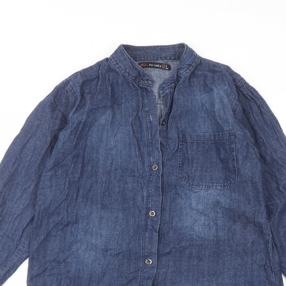 Bershka Womens Blue Cotton Basic Blouse Size S Crew Neck