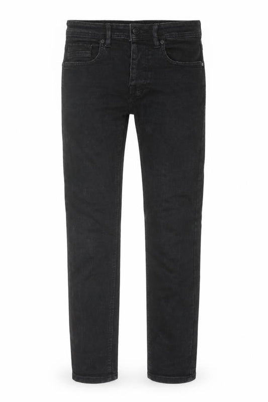 Front view of Denim & Co. men’s black cotton straight jeans, size 32, in, 30-inch leg regular button