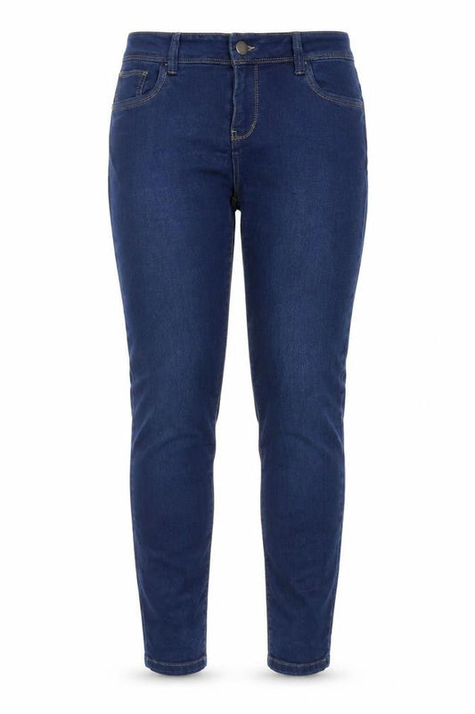 Front view of Denim & Co. women’s blue cotton jegging jeans, size UK 12, 26-inch leg regular button