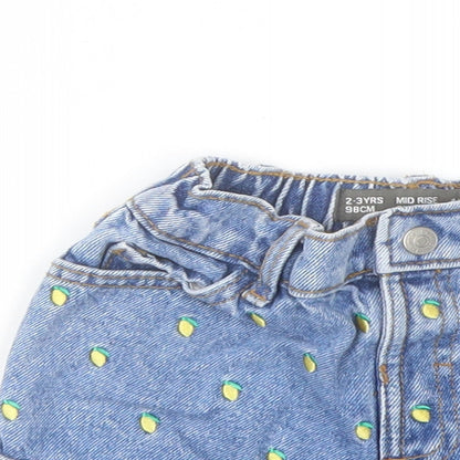 Denim & Co. Girls Blue Geometric Cotton Cut-Off Shorts Size 2-3 Years Regular Snap