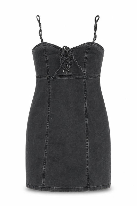 Front view of Denim & Co. women’s grey cotton mini, size UK 8, sweetheart zip