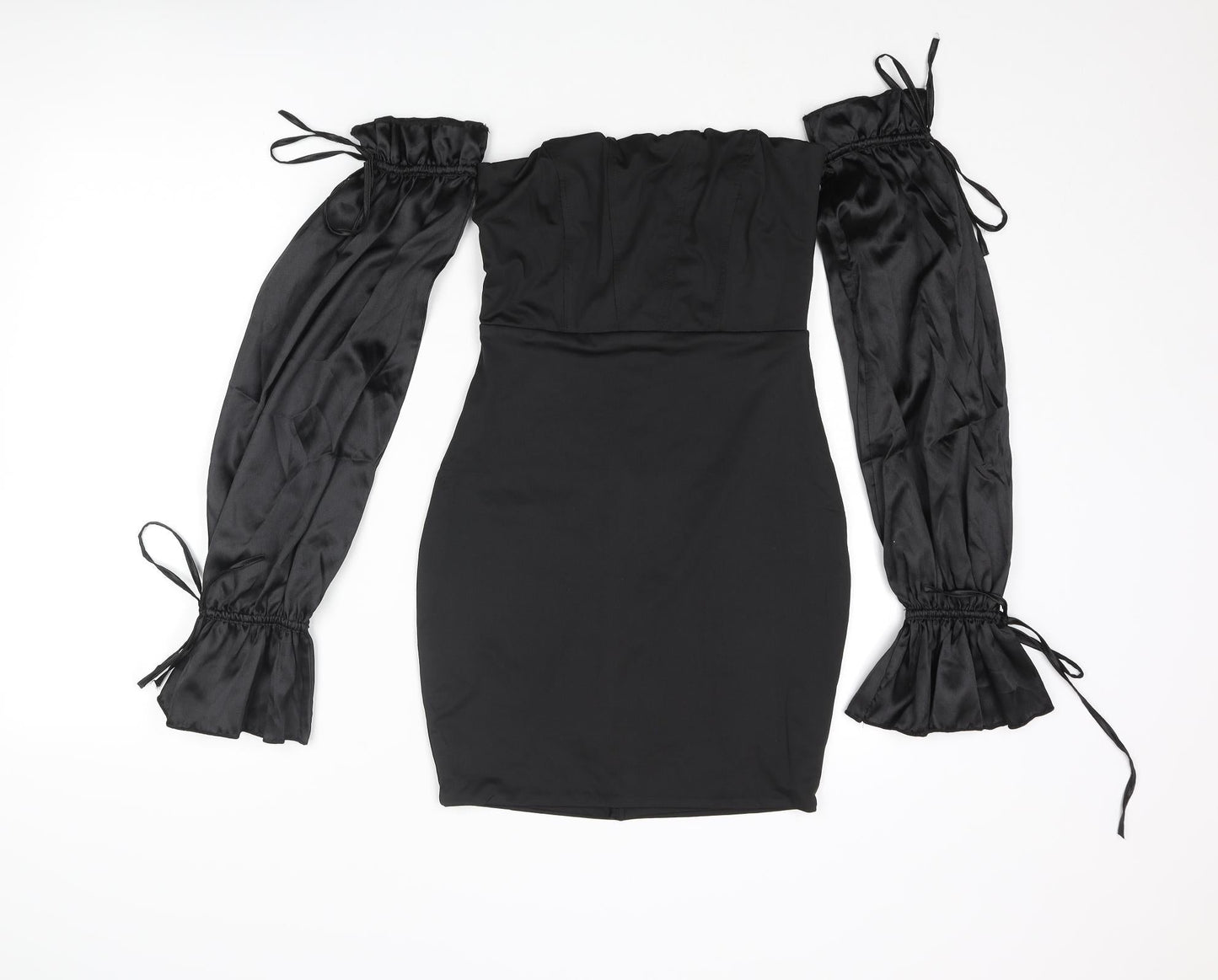 Luxedo Womens Black Polyester Bodycon Size XS Off the Shoulder Zip - Satin Sleeve Rouched Bow