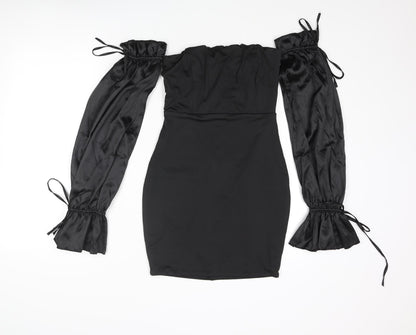 Luxedo Womens Black Polyester Bodycon Size XS Off the Shoulder Zip - Satin Sleeve Rouched Bow