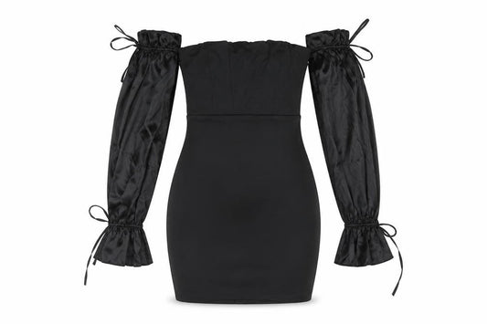Luxedo Womens Black Polyester Bodycon Size XS Off the Shoulder Zip - Satin Sleeve Rouched Bow