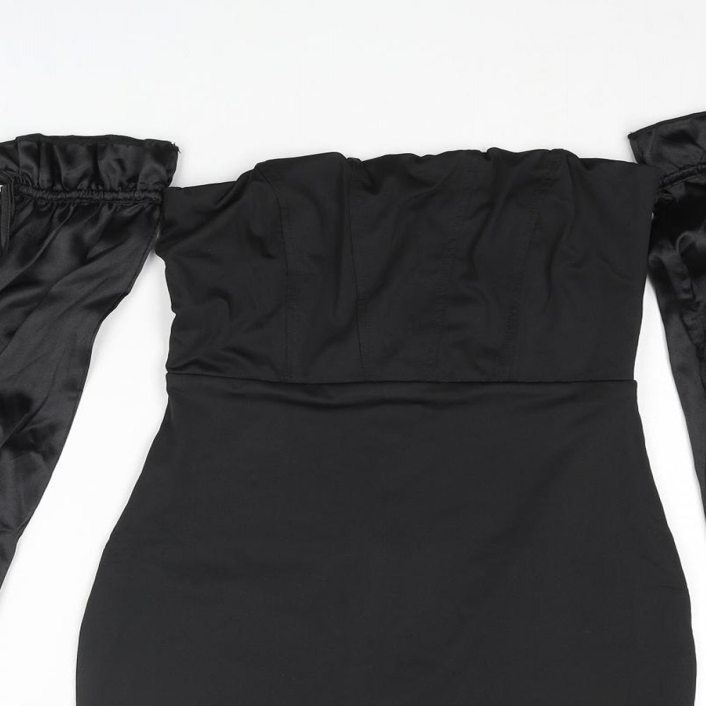 Luxedo Womens Black Polyester Bodycon Size XS Off the Shoulder Zip - Satin Sleeve Rouched Bow