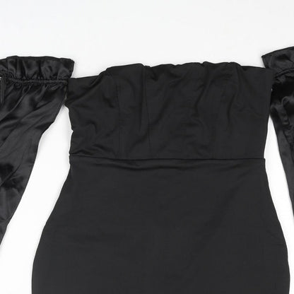 Luxedo Womens Black Polyester Bodycon Size XS Off the Shoulder Zip - Satin Sleeve Rouched Bow