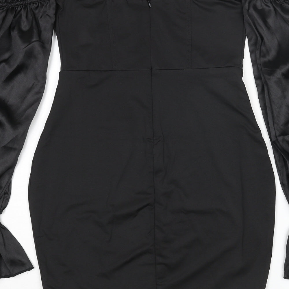 Luxedo Womens Black Polyester Bodycon Size XS Off the Shoulder Zip - Satin Sleeve Rouched Bow