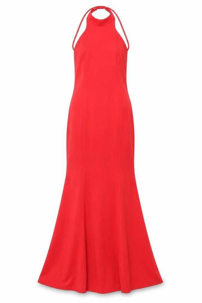 City Goddess Womens Red Polyester Mermaid Size M Halter Pullover - Bow Open Back Train