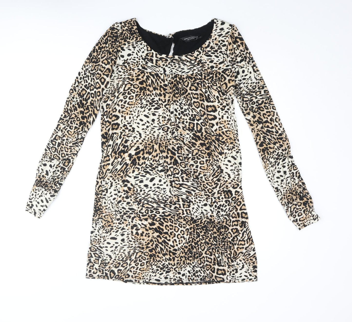 Dorothy Perkins Womens Beige Animal Print Viscose Mini Size 10 Round Neck Button - Leopard Print