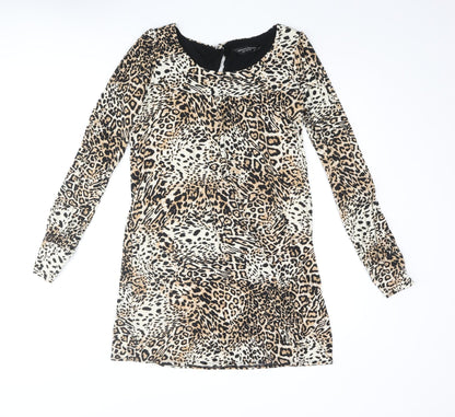 Dorothy Perkins Womens Beige Animal Print Viscose Mini Size 10 Round Neck Button - Leopard Print