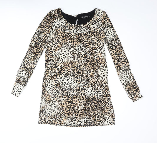 Dorothy Perkins Womens Beige Animal Print Viscose Mini Size 10 Round Neck Button - Leopard Print