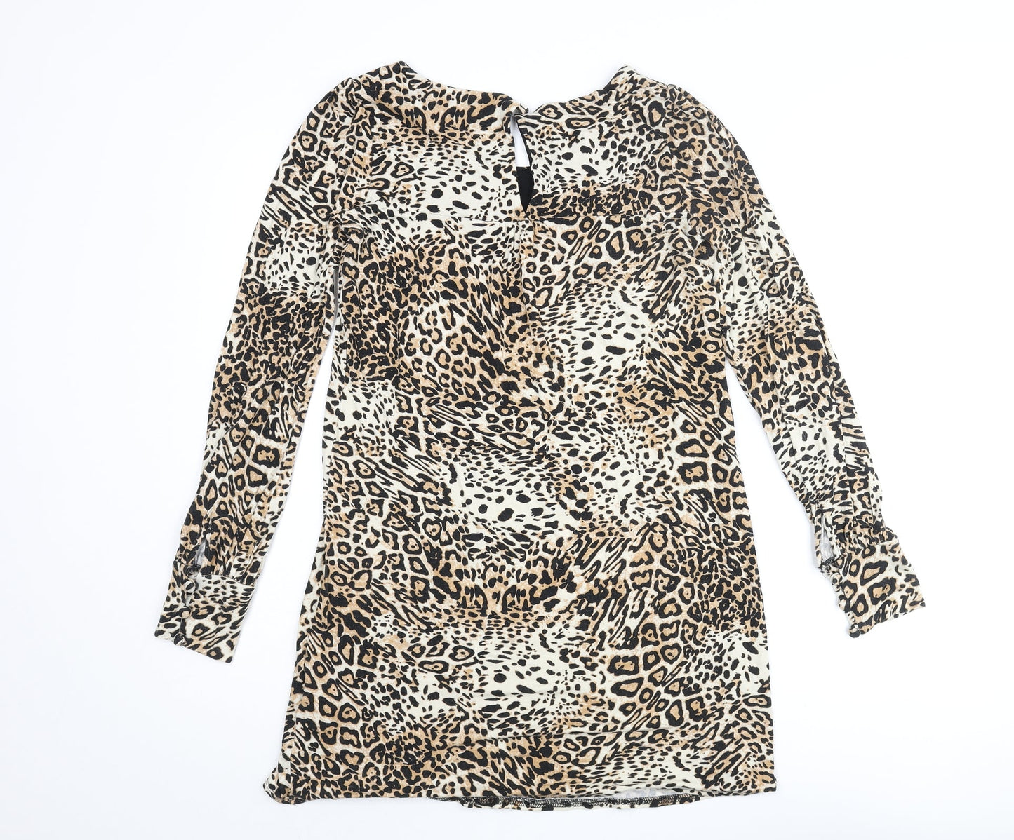 Dorothy Perkins Womens Beige Animal Print Viscose Mini Size 10 Round Neck Button - Leopard Print