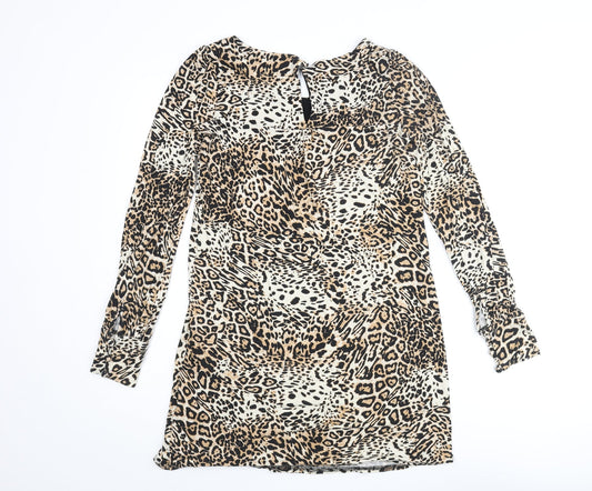 Dorothy Perkins Womens Beige Animal Print Viscose Mini Size 10 Round Neck Button - Leopard Print