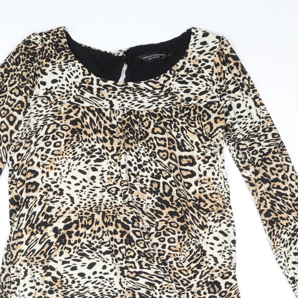 Dorothy Perkins Womens Beige Animal Print Viscose Mini Size 10 Round Neck Button - Leopard Print