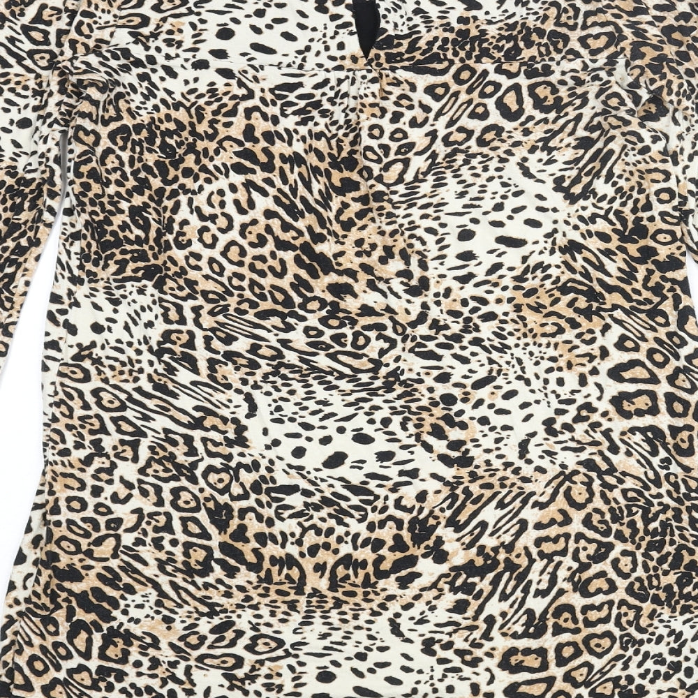 Dorothy Perkins Womens Beige Animal Print Viscose Mini Size 10 Round Neck Button - Leopard Print