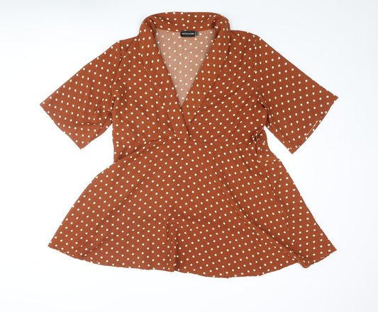 PRETTYLITTLETHING Womens Brown Polka Dot Polyester A-Line Size 10 V-Neck Pullover
