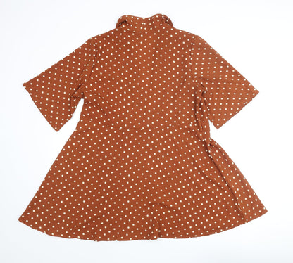 PRETTYLITTLETHING Womens Brown Polka Dot Polyester A-Line Size 10 V-Neck Pullover