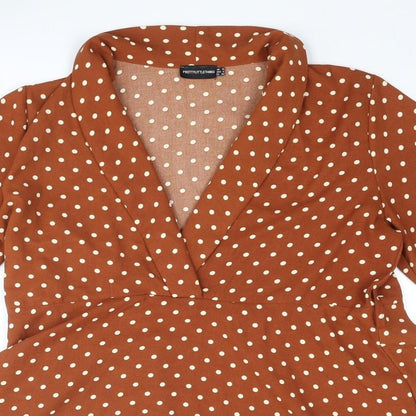 PRETTYLITTLETHING Womens Brown Polka Dot Polyester A-Line Size 10 V-Neck Pullover