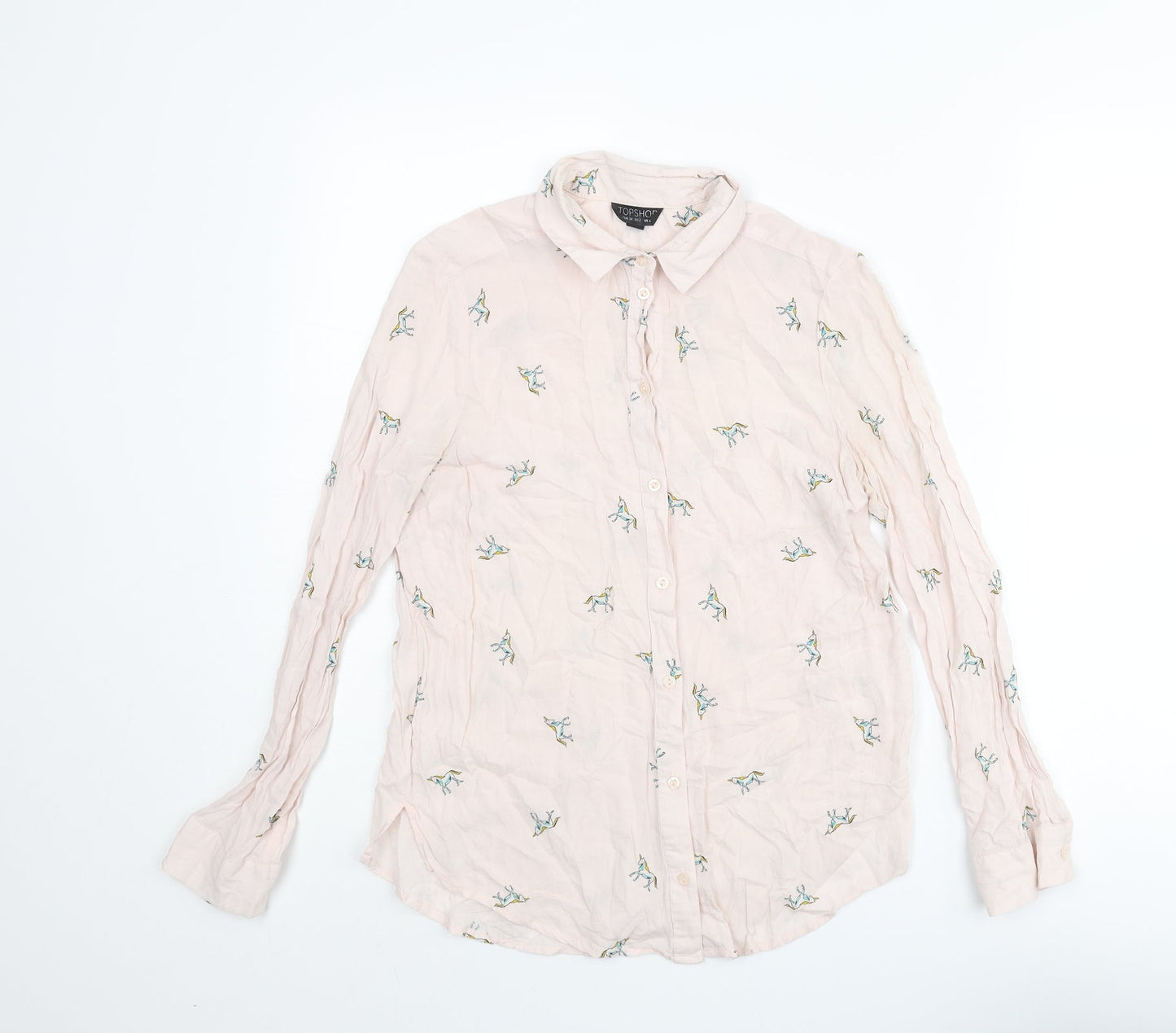 Topshop Womens Pink Geometric Viscose Basic Button-Up Size 6 Collared - Unicorn Pattern