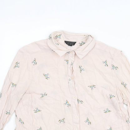 Topshop Womens Pink Geometric Viscose Basic Button-Up Size 6 Collared - Unicorn Pattern
